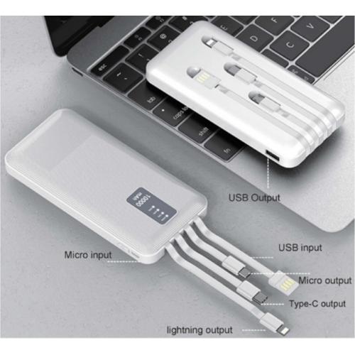 פאוור בנק סוללת גיבוי 10,000mAh הכולל 4 כבלים נשלפים 2 פנסי לד וצג דיגיטלי