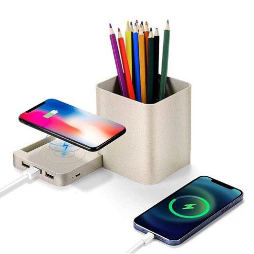 מטען אלחוטי משולב בכוס עטים ומפצל usb