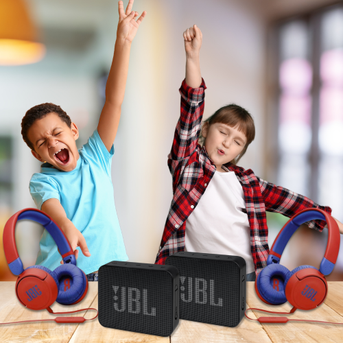 מארז זוגי מדליק הכולל רמקול אלחוטי ואוזניות קשת מותאמות לילדים
