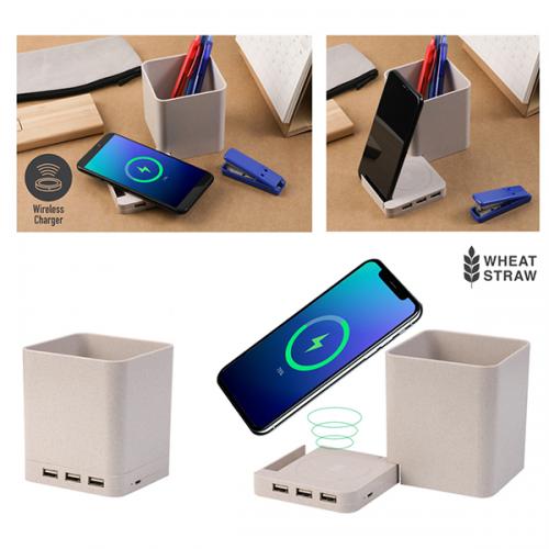 "אינדו" מטען אלחוטי ומפצל USB בכוס לעטים
