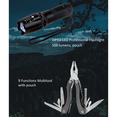סט  השרדות הכולל פנס 500 לומנס ומיקוד משתנה OPTO-LED + רב כלי MULI TOOl בקופסת מתכת